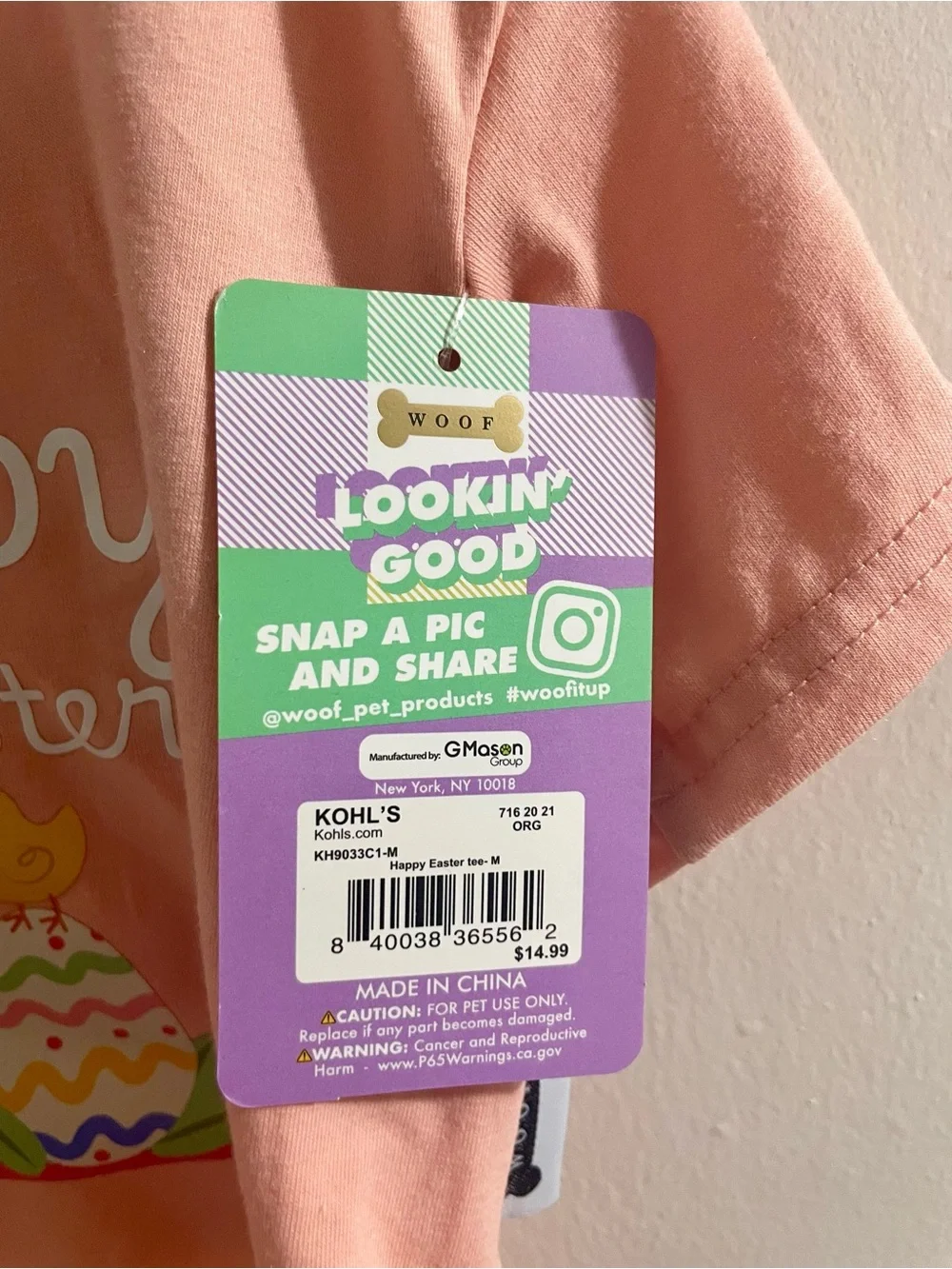 NWT Kohl's Woof Happy Easter Peach Pink Graphic Pet Dog T-Shirt Size Medium Woof